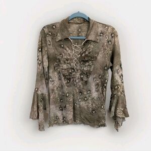 Womens Sheer Lace Up Corset Fairy Grunge Blouse Floral Flounce Sleeve Festival